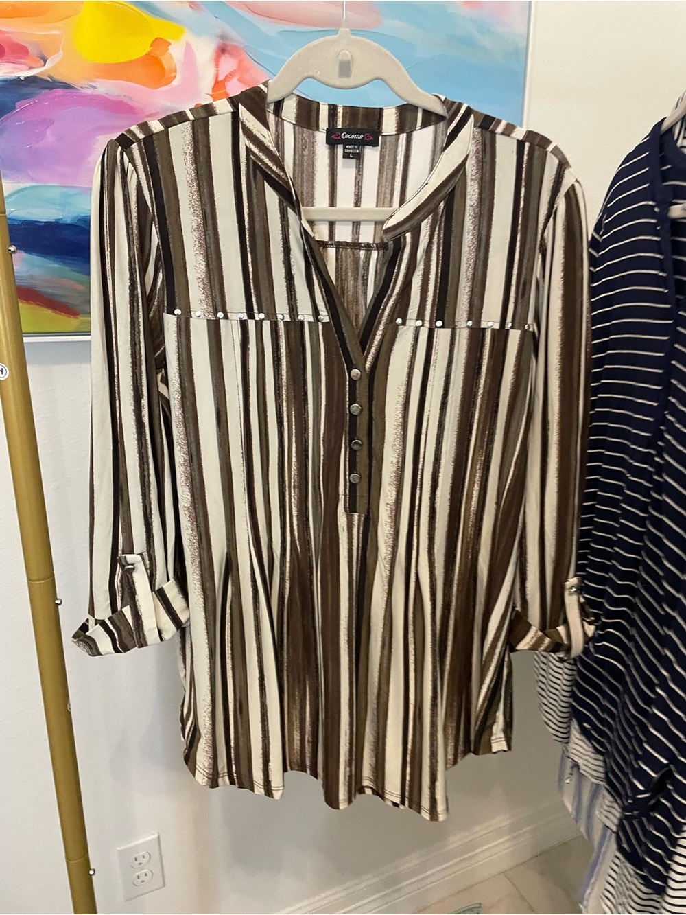 Cocomo Brown & Cream Striped Womens  Shirt Large business casual work wear‎